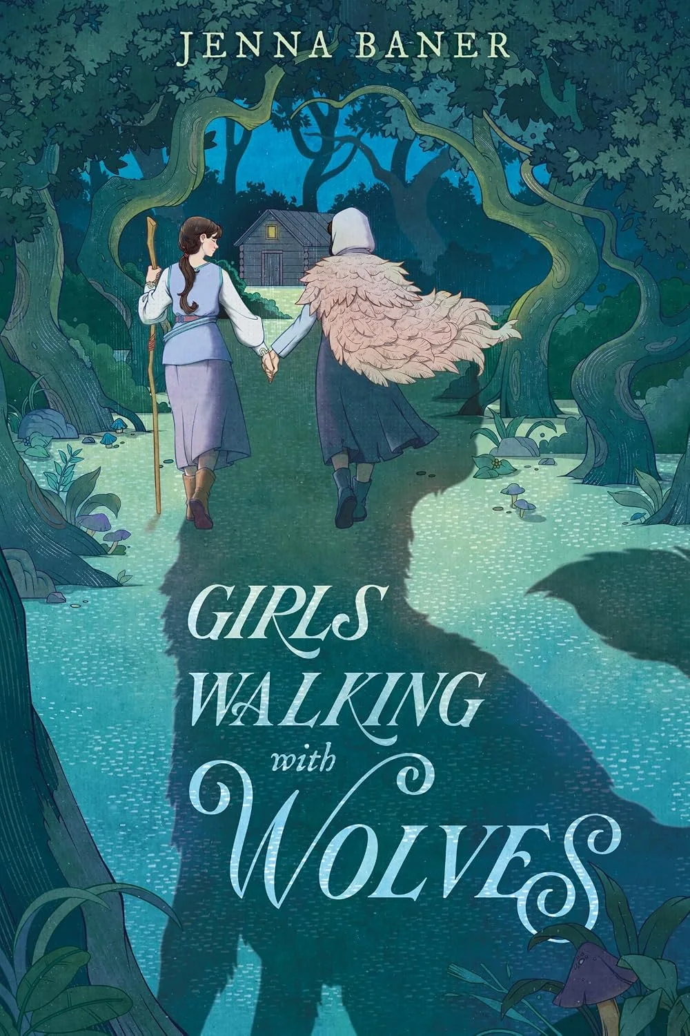 An illustrated book cover showing a girl and a wolf walking through a green woodland.