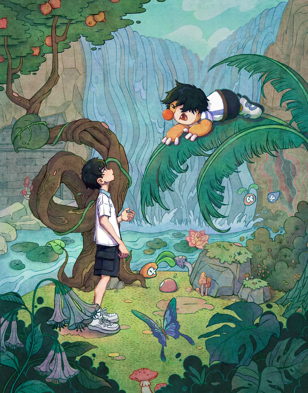 Two characters discover a lush green landscape beside a waterfall.