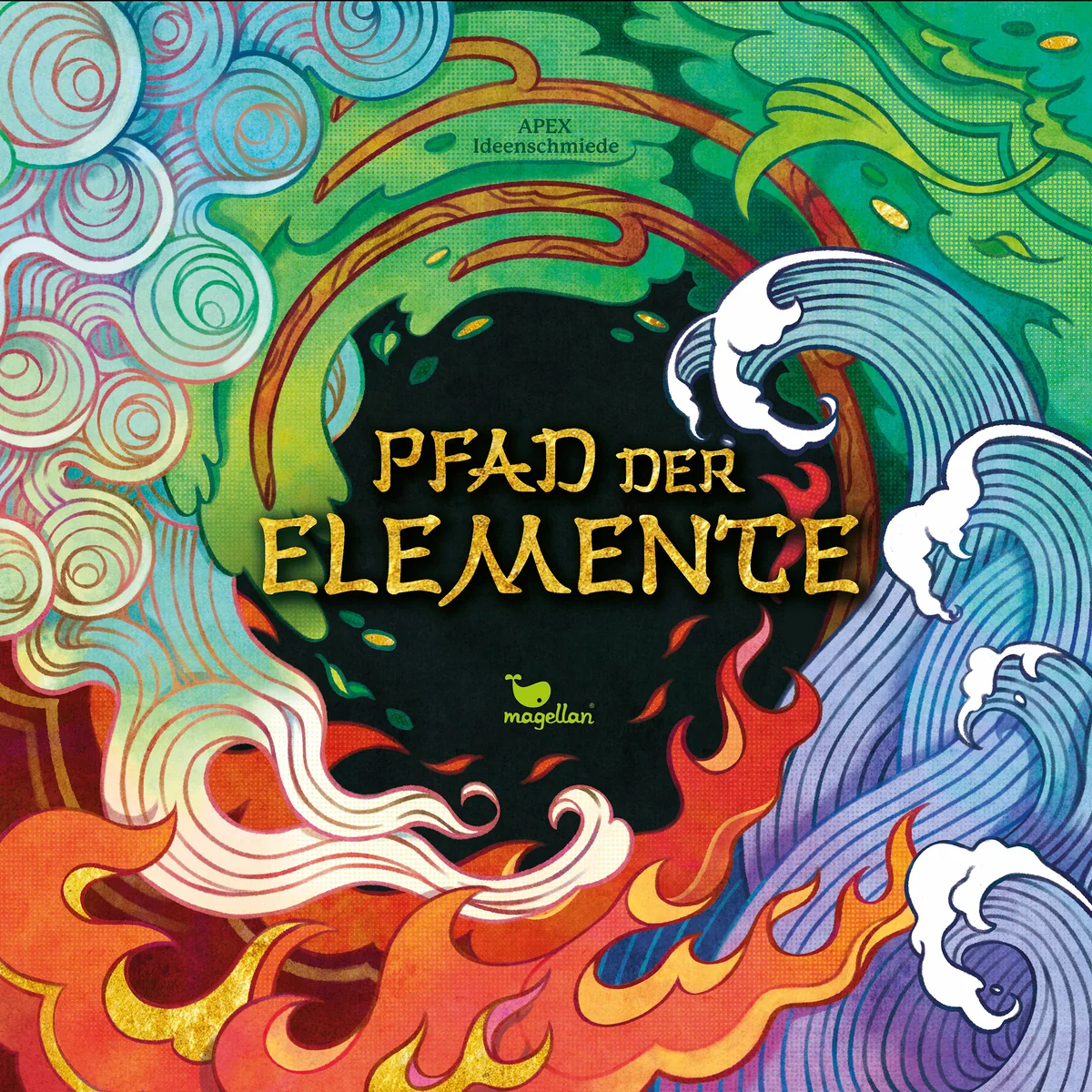 A colorful circular composition of water, fire, clouds and organic shapes around the book title Pfad der Elemente.